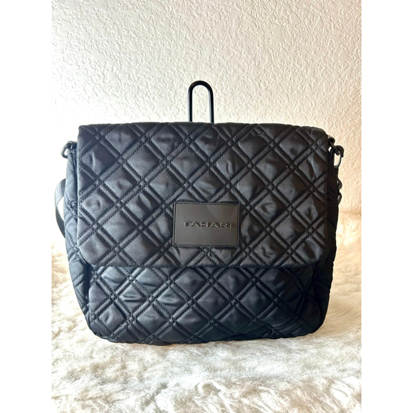Tahari Black Quilted Shoulder Back Fold Over Bag with Adjustable Strap - Picture 1 of 7